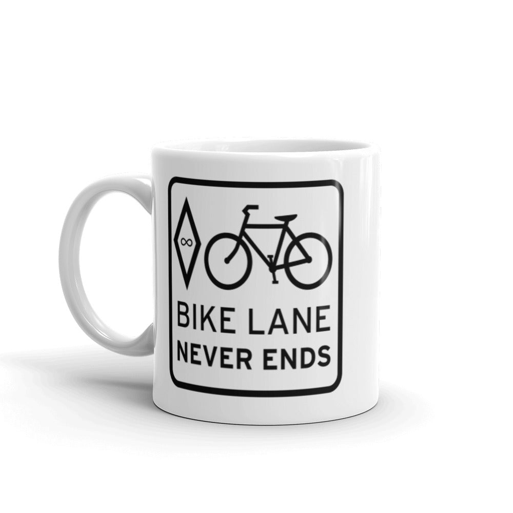 BIKESIGNALS Cycling Life | Bike Lane Never Ends (white graphic) | white glossy mug