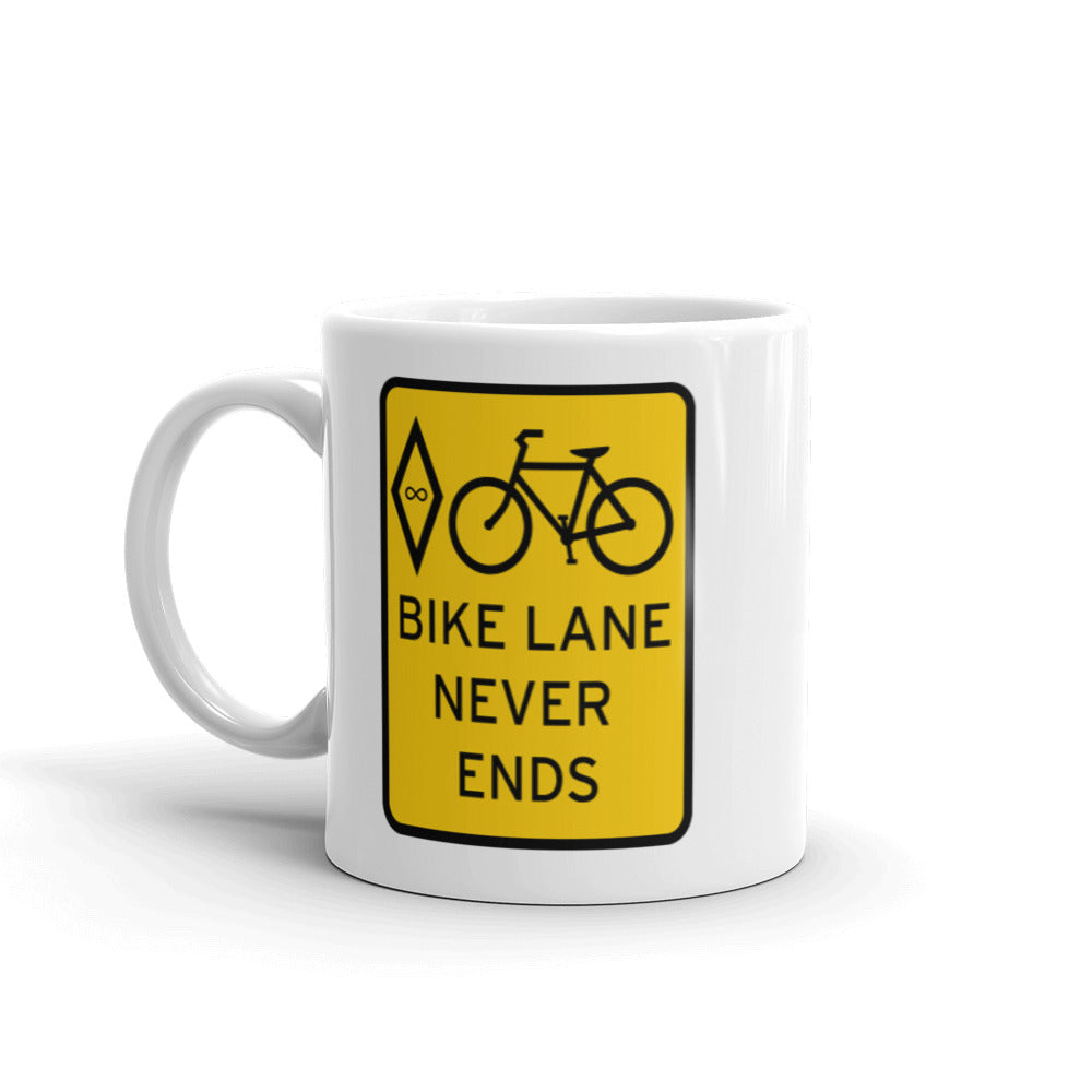 BIKESIGNALS Cycling Life | Bike Lane Never Ends (yellow graphic) | white glossy mug