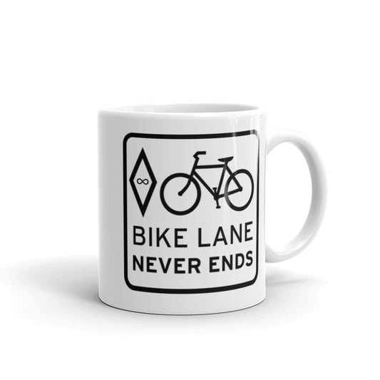 BIKESIGNALS Cycling Life | Bike Lane Never Ends (white graphic) | white glossy mug