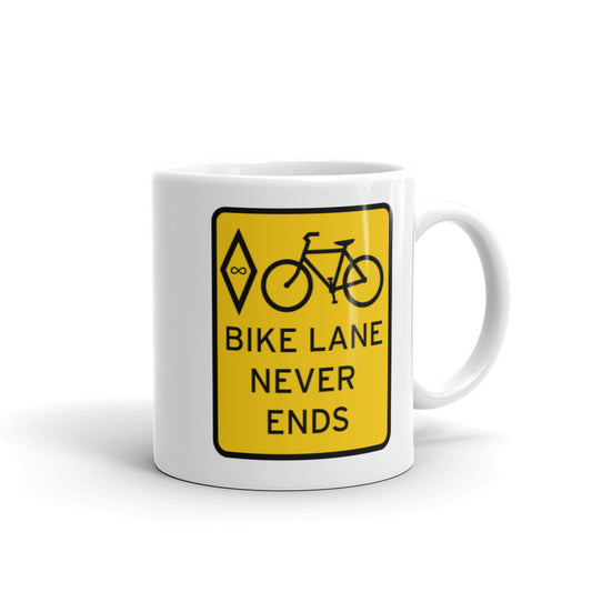 BIKESIGNALS Cycling Life | Bike Lane Never Ends (yellow graphic) | white glossy mug